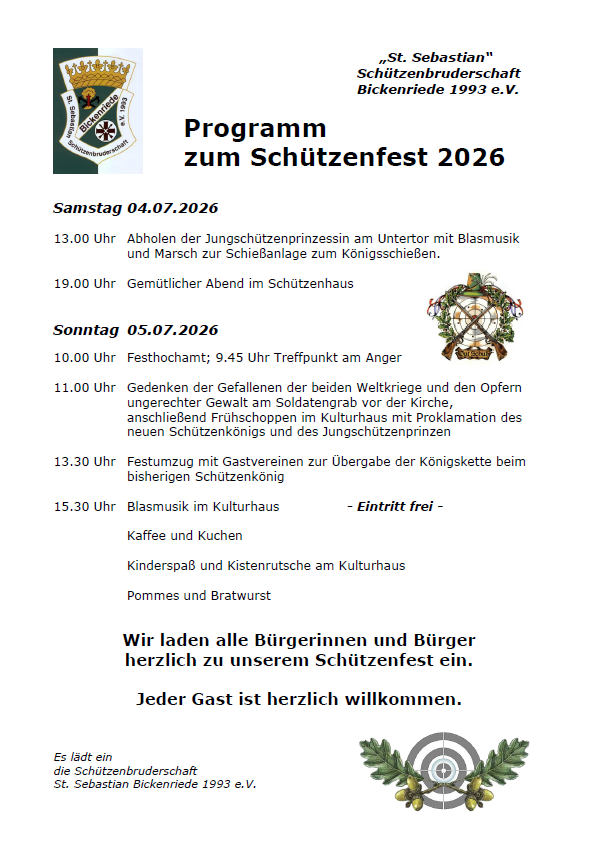 Programm Schützenfest Bickenriede 2026